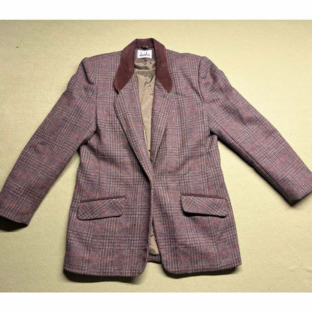 David N. vintage 1980s women's plaid wool blazer collar trim long sleeve